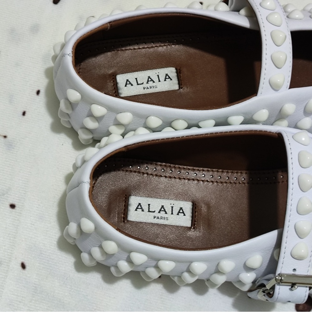 Alaia White Studded Mary Jane Flats with Buckle - Picture 8 of 9